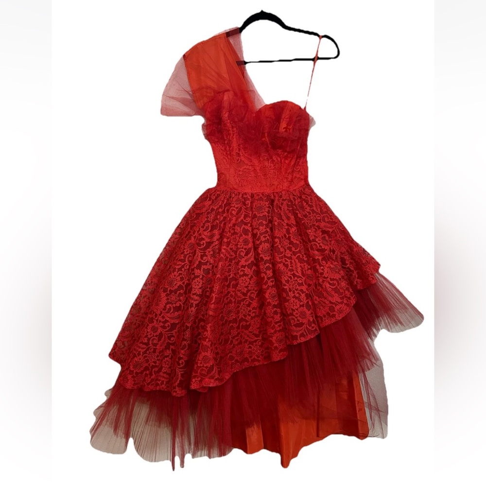 VTG 90s Handmade Red Lace Tulled Mesh One Shoulder Evening Corset Maxi Dress XXS